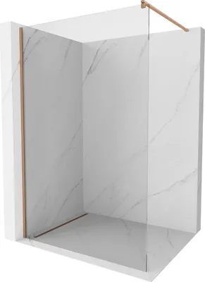 A 3D rendering of a walk-in shower enclosure with marble-patterned walls and a transparent glass door.