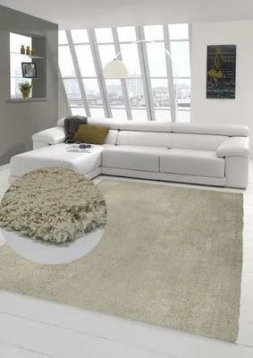 Image de Tapis Shaggy Micro Polyester Tapis à poils longs et longs Tapis de salon à motifs dans un design uni Mocca Beige Taille - 200 x 290 cm