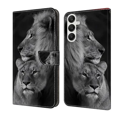 Produktbild von CLM-Tech Handyhülle kompatibel mit Samsung Galaxy A37 5G Hülle - Tasche aus Kunstleder - Klapphülle mit Ständer und Kartenfächern - Schutzhülle Wallet Case Cover Löwe in schwarz grau