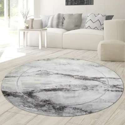Produktbild von Teppich modern Wohnzimmerteppich Marmor Optik in grau Größe - 200 cm Rund