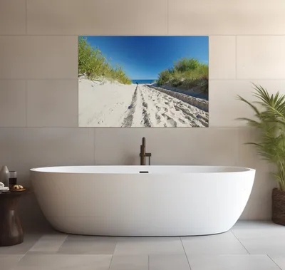 Produktbild von Wallario wasserfestes Poster selbstklebend 70 x 100 cm, Auf dem Sandweg zum Strand - Blauer Himmel über dem Meer, Badezimmerposter Spritzschutz mit Hochglanzoberfläche in Glasoptik