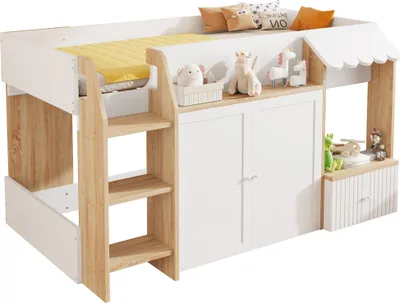 Produktbild von Kinderbett Hausbett 90x200,mit offenem Stauraum, mit Kletterleiter, Halbhohes Kinderhochbett,Massivholz-Kinderetagenbett ohne Matratze,