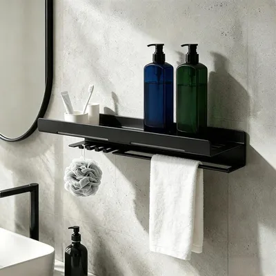 Image de Étagère murale de salle de bain, 40 cm, noire, à fixer au mur avec des crochets