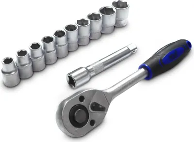 A set of socket wrenches and extensions laid out on a white background.