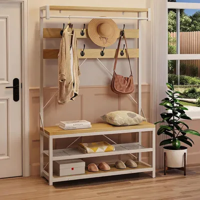 Produktbild von Garderobe mit Sitzbank, Kleiderstange und Schuhablage, Wei?