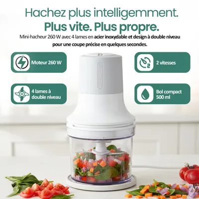 Image de Emerio hachoir 260 W – 500 ml – 2 vitesses – bol en plastique – 4 lames en acier inoxydable – pieds antidérapants – rangement du câble – MC-122649.2