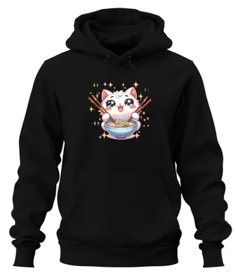 Obrázok produktu pre Roztomilý nápis "Kawaii Cat" na mikine s kapucňou, motív ramen (japonské nudle), štýl anime/manga, čierna farba, veľkosť M