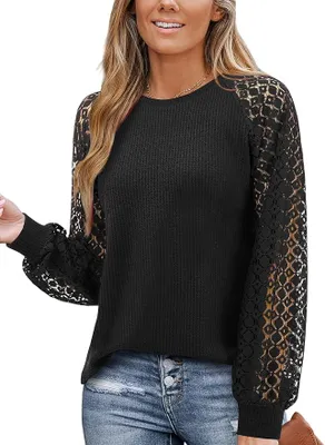 Produktbild von Eleganter Damenpullover mit Spitze und langen Ärmeln Schwarz Baumwolle XL