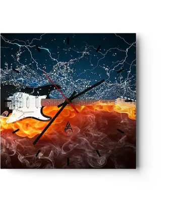 Produktbild von Wanduhr - Quadrat - Glasuhr - Gitarre Instrument Musik - 40x40cm - Schleichendes Uhrwerk - Lautlos - zum Aufhängen bereit - Dekoration Modern - Wanddekoration aus Glas - C3AC40x40-0215