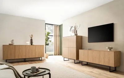 Produktbild von Wohnzimmer-Set in Eiche mit Highboard, Lowboard & Sideboard, Metallgestelle, 3-teilig - KASOL-61