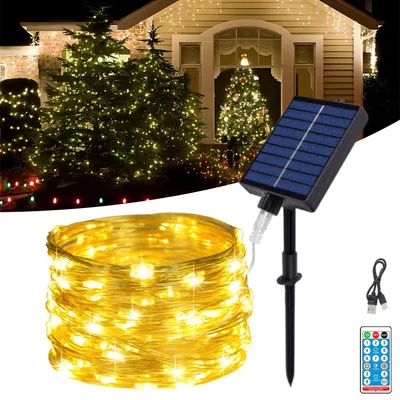 Solar-Lichterkette 10 m, 100 LEDs, warmweiß, IP65, 8 Modi, Fernbedienung