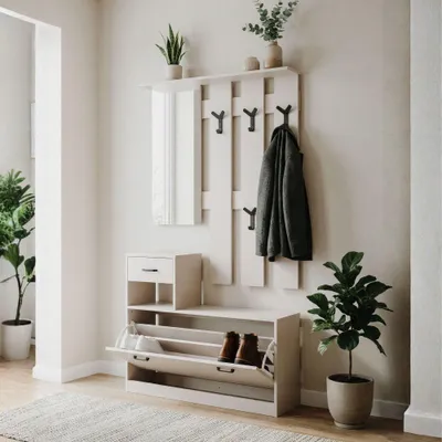 Immagine prodotto di Mobile Ingresso Rudolf con Specchio, Appendiabiti, Cassetto e Scarpiera Beige