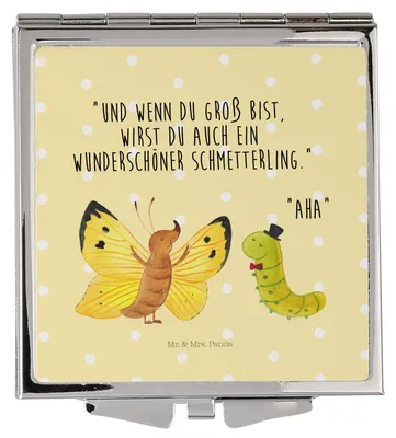 Produktbild von Mr. & Mrs. Panda Klappspiegel Raupe Schmetterling - Gelb Pastell - Geschenk, Entwicklung, Schönheit, Mini Spiegel, Kleiner, Kosmetikspiegel, Schminkspiegel, Handspiegel