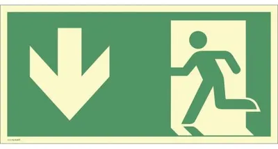 Produktbild von Dreifke® Schild Notausgang links Pfeil unten, ISO 7010, Kunststoff, nachl., 1...
