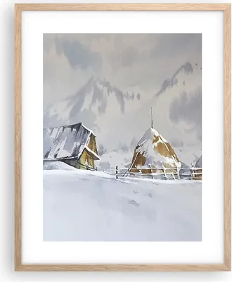 Produktbild von Gerahmtes Poster - Rahmen in heller Eiche - Haus Berge Schnee - 40x50 cm - Wand Bild - Wanddeko - Wandbilder - Kunstposter - Wandposter - Bilderrahmen - Bilder - Kunstdruck - P2NPA40x50-4806