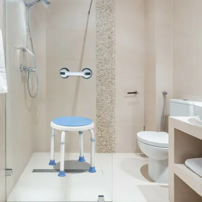 Image de LZQ Tabouret de douche pivotant à 360° Chaise de douche Tabouret de bain réglable en hauteur Tabouret de bain avec poignée de baignoire Poignée d'aide à la douche Siège de douche