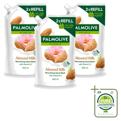 Image de 3 flacons recharge de savon pour les mains Palmolive Naturals, lait d'amande, 500 ml - Lot de 3
