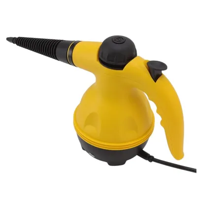 A yellow and black handheld steam cleaner is shown against a white background.