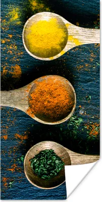 Produktbild von MuchoWow® Poster Gewürze - Löffel - Kräuter - Braun - Gelb - Grün 40x80 cm - Dekoration