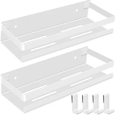 Image de Étagère de douche sans perçage, blanche, lot de 2, en acier inoxydable, 30 cm, avec 4 crochets