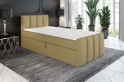 Produktbild von Boxspringbett, Jugendbett FUNI 100x200 (Links) mit Bettkästen, Bonell-Matratze und Topper. Farbe: Hellbraun.