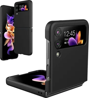 A black silicone case for a Samsung Galaxy Z Flip 4 phone, shown in an open, folded position.