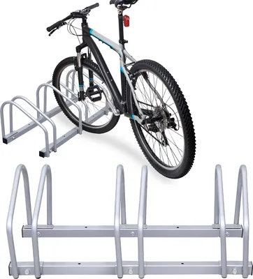 Immagine prodotto di Supporto per biciclette a 2-6 scomparti, supporto per biciclette, pavimento/parete, larghezza pneumatici 35-55 mm - 3 biciclette, argento
