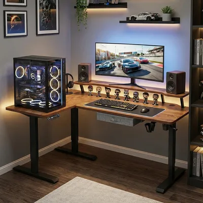Produktbild von Hilodesk L-Schreibtisch Elektrisch Höhenverstellbar Eckschreibtisch L Förmiger Bürotische Stehpult mit Monitorständer und Schublade 160cm, Braun