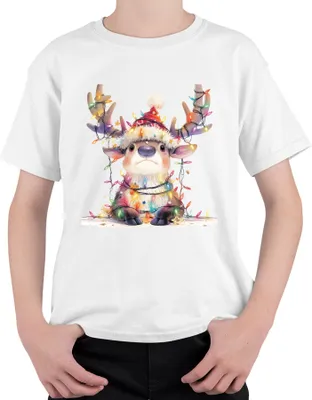 Produktbild von Süßes Rentier Lichterkette Weihnachten Geschenk Kinder Cartoon Uni Kinder T-Shirt, Weiß, 140