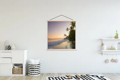 Produktbild von MuchoWow® Textilposter Strand - Sonnenuntergang - Tropisch 120x120 cm mit holzfarbenen Rahmen - Textil-Poster