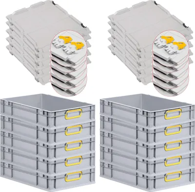 Produktbild von SuperSparSet 10x Eurobox NextGen Color mit Scharnierdeckel und Schiebeschnappverschlüssen | HxBxT 12x40x60cm | 23 Liter | Grau | Griffe gelb geschlossen | Glatter Boden | Eurobehälter, Transportbox, Transportbehälter, Stapelbehälter