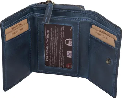 Produktbild von Damenbörse aus Echtleder, blau, 12,5x10cm, mit 8 Kreditkartenfächern und Reißverschlussfächern