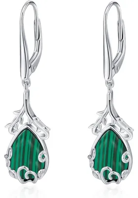 Image de Boucles d'oreilles pour femmes, en argent sterling 925, avec des pendentifs en forme de branches de fleurs de malachite, de couleur verte, en forme de gouttes