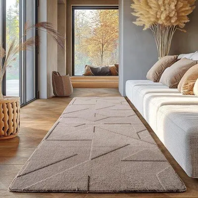 Produktbild von Geometrisches Wohnzimmer-Tapis - Wasbares Design - 80 x 250 cm - Beige