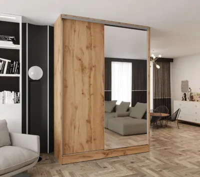 Produktbild von Schwebetürenschrank 2-türig 100x250x58 cm Eiche Wotan mit Spiegel und 4 Schubladen – Moderner Kleiderschrank für Schlafzimmer und Flur