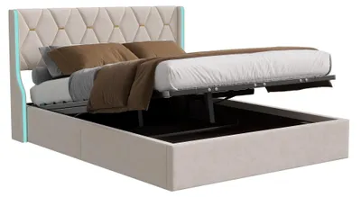 Produktbild von Polsterbett 160x200 cm - Doppelbett - Hydraulischer Bettkasten - Mit Lattenrost - LED Kopfteil - Samtbezug - Beige