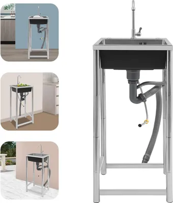 Obrázek produktu pro Nerezový dřez, volně stojící, pro technickou místnost/garáž/suterén, vnitřní/venkovní, stříbrný