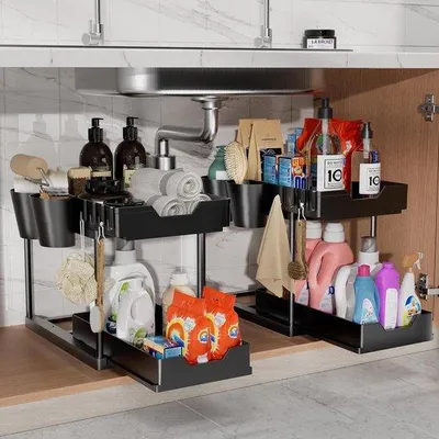 Immagine prodotto di Organizer a 2 ripiani estraibile per lavello, nero, set da 2 ganci da cucina