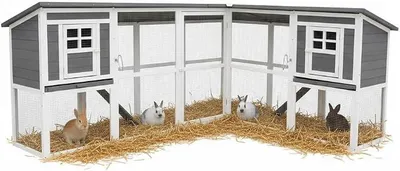 Image de Cage à lapins avec enclos extérieur, 2 étages – Cage pour petits animaux, cage à lapins, poulailler en bois, gris/blanc, avec rampes, 2 compartiments, tiroirs de nettoyage, 251 x 190,5 x 104 cm