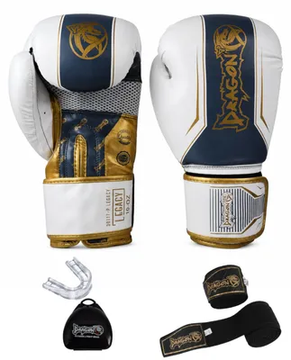 Produktbild von Dragon do Legacy Boxhandschuhe Set 3 Teilig 10-12-14-16 Oz Boxhandschuhe Schwarz-Weiß inkl. 3,5m schwarzen Bandagen Zahnschutz Profi-Set für Kickboxen, Muay Thai, MMA Sparring (Weiß, 12 Oz)