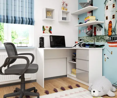 Obrázok produktu pre Rohový písací stôl 124 cm s 3 zásuvkami, počítačový stôl v tvare L, rohová skriňa s 2 priehradkami