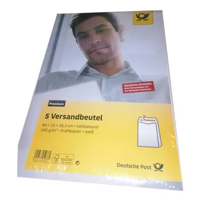 Produktbild von 5 Versandbeutel mit Seitenfalte, B4, weiß, haftklebend, ohne Fenster