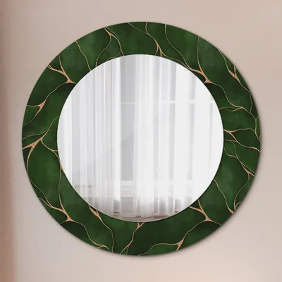 Produktbild von Ø50cm Spiegel - Glasrahmen mit Aufdruck - Wandspiegel Schlafzimmer - abstrakt Blatt