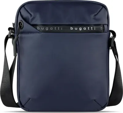 A dark blue messenger bag with the brand name 'bugatti' printed on a black band across the top.