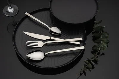 A set of cutlery is arranged on a black plate, with a glass and eucalyptus sprig nearby.