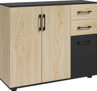Image de HOMCOM Buffet salon, meuble de rangement avec 3 portes, 2 tiroirs et étagère réglable, style moderne, buffet salle à manger, cuisine et salon, 90 x 30 x 75,5 cm, noir et bois naturel