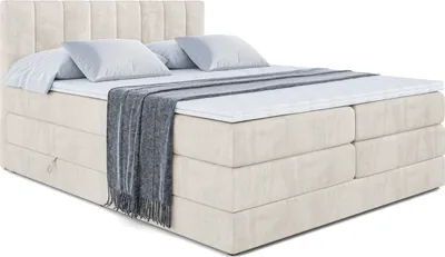 Produktbild von ALTDECOR Boxspringbett mit 2 Matratzen und Topper - 180x200 cm - OTTA KING - Creme Samt - Polsterbett mit, H3- und H4- Matratzen, Bettkasten und Lattenrost, Bett mit Stauraum
