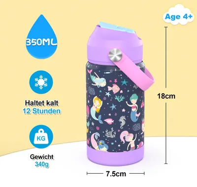 Imagen del producto de Botella térmica aislada para niños, con pajita, de 350 ml, de acero inoxidable, para niños