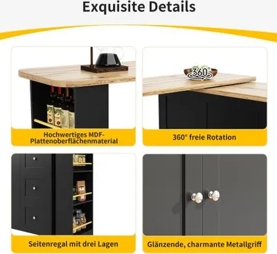 Image de OKWISH Tables de Bar Extensibles - Table Pivotante 360° avec 3 Tiroirs et Support à Snacks, Meuble Bar Multifonction, Noir, 138-209x39x104 cm