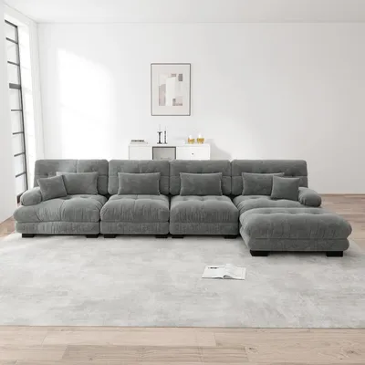 Produktbild von Modulares L-förmiges Ecksofa-Set, 4-Sitzer Cloud-Couch mit beweglichem Ottoman & DIY-Kombination für Wohnzimmer, Chenille, Grau